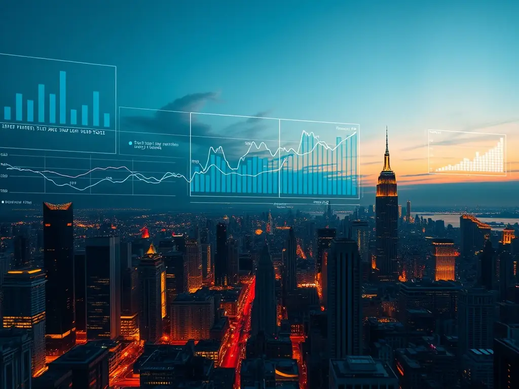 A futuristic cityscape with financial data streams overlayed, symbolizing innovative financial solutions and forward-thinking investment strategies.