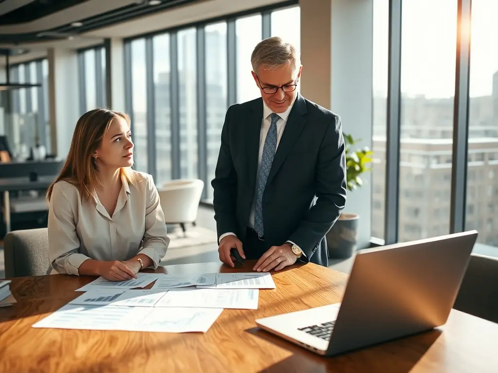 Ein professioneller Finanzberater, der mit einem Kunden an einem Tisch sitzt und Investmentpläne bespricht, im Hintergrund ein Diagramm mit Wachstumskennzahlen. Szene spielt in einem modernen Büro mit großen Fenstern und Blick auf Stuttgart.
