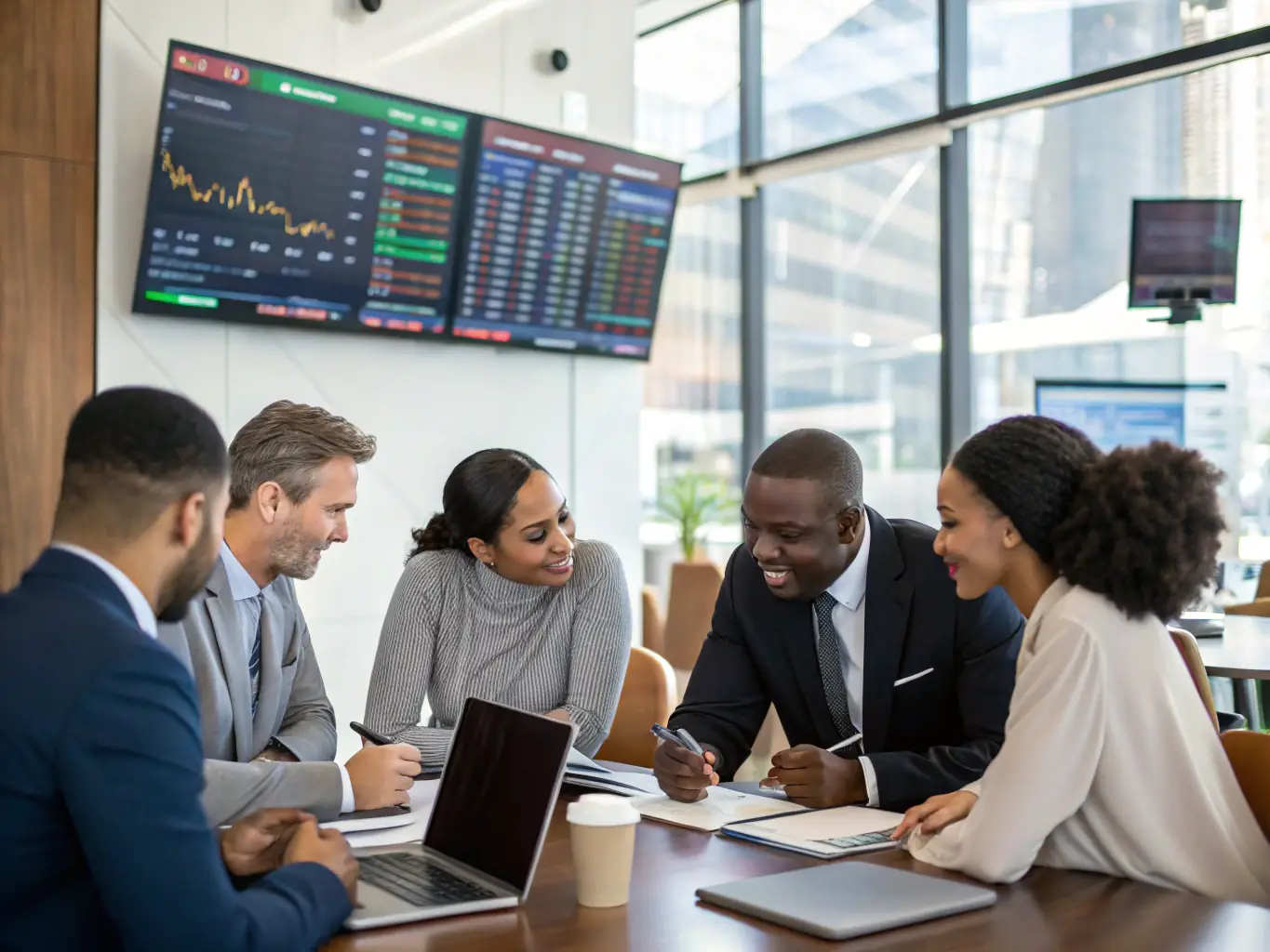 A diverse group of investors collaborating in a modern office, discussing market trends and investment opportunities, with a focus on inclusivity and diversity.